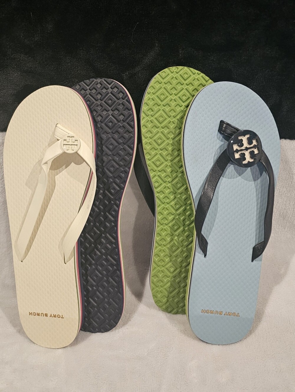 Tory Burch Two-Tone Light Blue Or Cream Logo Thong Sandals- Size 8